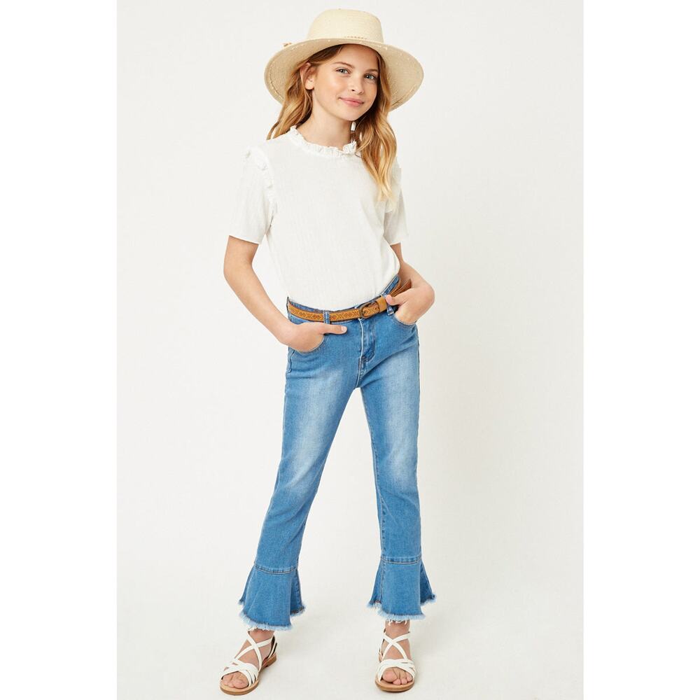 HAYDEN Farah Distressed Cropped Frilly Flare Jeans Girls Small